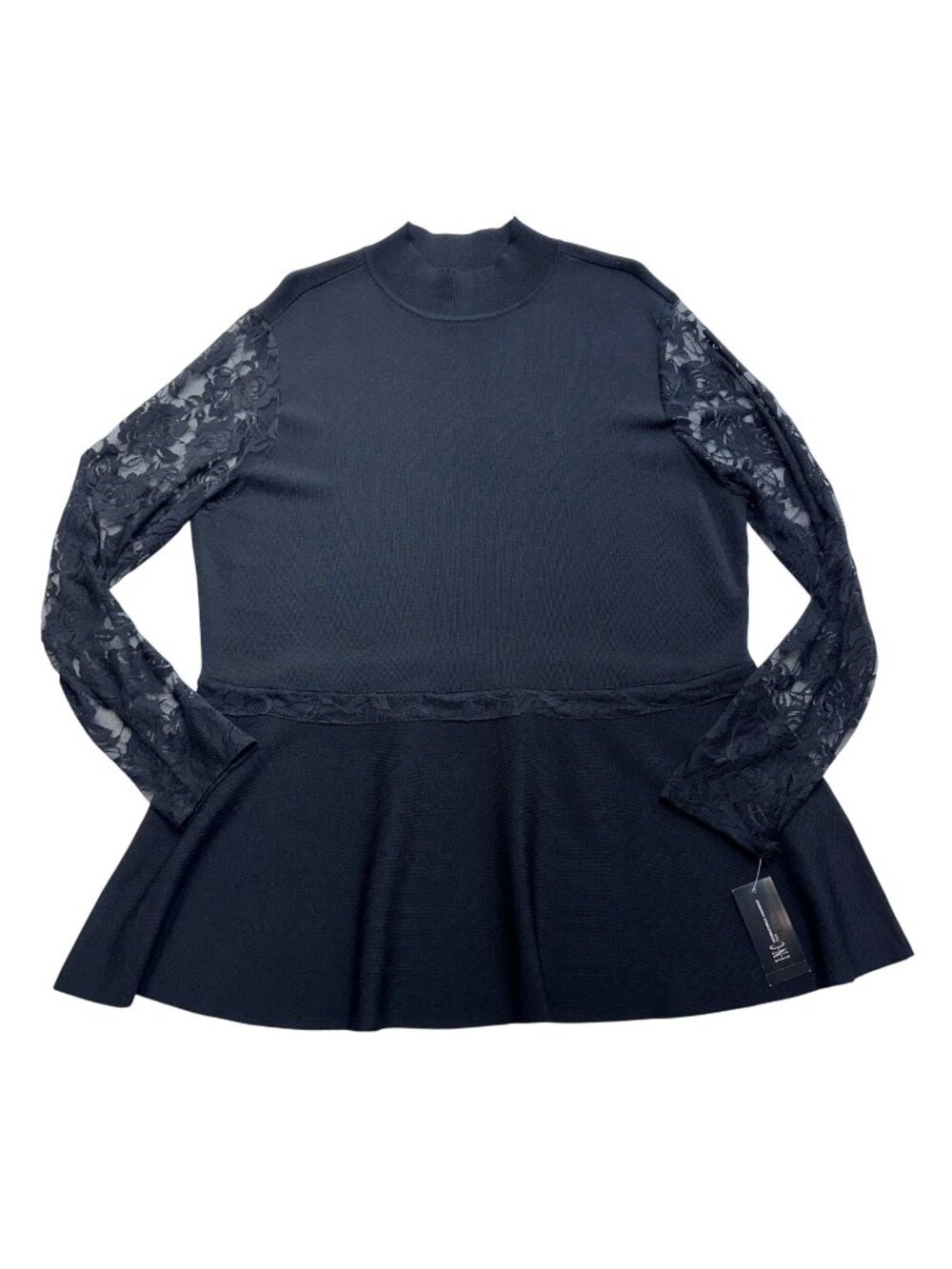 INC Lace Sleeve Peplum Knit Mock Neck Top Size 1X NWT Black Office Goth Romantic